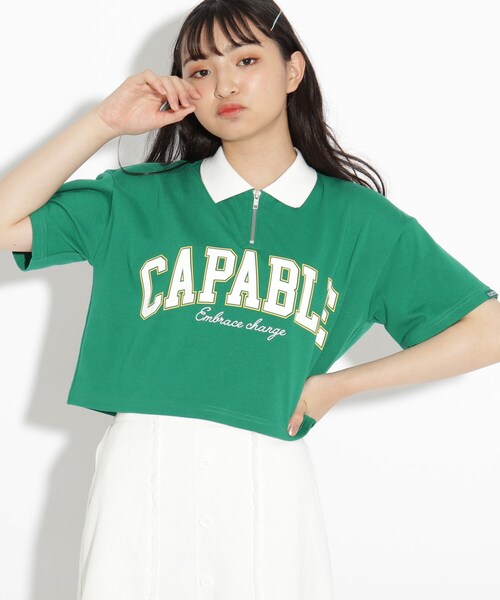 PINK-latte(ピンクラテ)の「◆襟配色ハーフジップTシャツ(Tシャツ/カットソー・キッズ・アイボリー/チャコールグレー/ダークグリーン/ライトブルー・14/15 /16)」の4枚目の写真