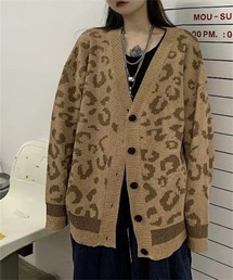 ドロップショルダーレオパード柄ニットカーディガン
