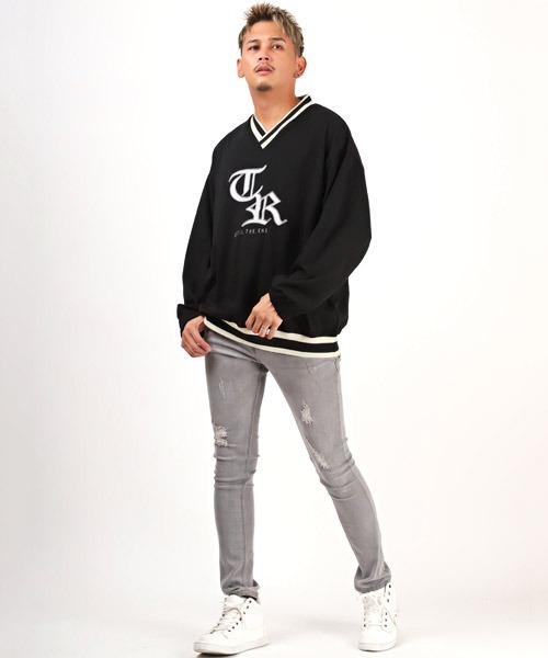 LUXSTYLE(ラグスタイル)の「カレッジロゴアップリケVネックロンT(Tシャツ/カットソー・メンズ・オフホワイト/グリーン/ブラック・L/M)」の8枚目の写真