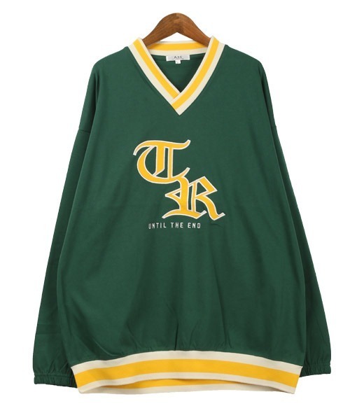 LUXSTYLE(ラグスタイル)の「カレッジロゴアップリケVネックロンT(Tシャツ/カットソー・メンズ・オフホワイト/グリーン/ブラック・L/M)」の9枚目の写真