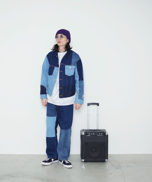 デニムのパッチワーク調 黒のジャケット UNISEX】パッチワーク風デニムジャケット | アウトドア