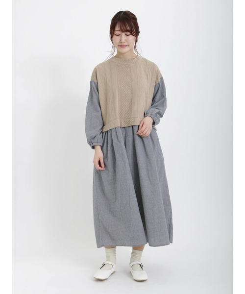 Samansa Mos2(サマンサ モスモス)の「ケーブル柄ジャカードドッキングワンピース(ワンピース・レディース・ベージュ/グレー/キナリ・フリ-)」の3枚目の写真