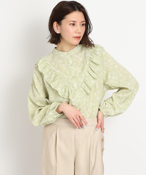 DRESKIP（ドレスキップ）の「◆ボタニカルプリントVフリルブラウス（シャツ/ブラウス・レディース・ホワイト系3/ブラック系/黄緑系1・02/03/04）」の3枚目の写真