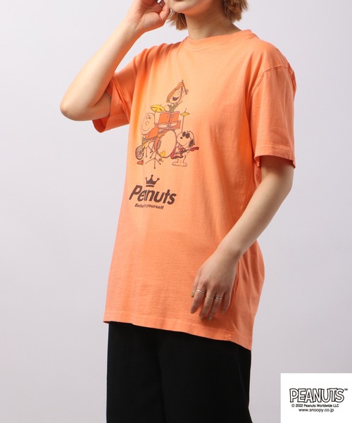 セール】PEANUTS スヌーピー 音楽イラスト ピグメント加工 半袖Tシャツ