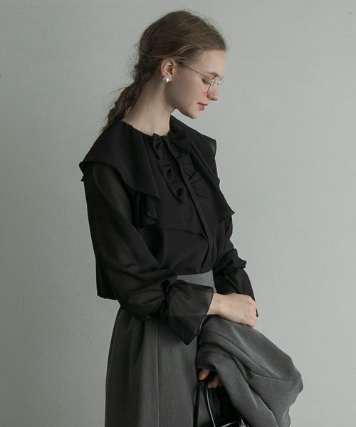 BONLECILL noir(ボンルシールノワール)の「【BONLECILL noir】シフォンラッフルリボンブラウス(シャツ/ブラウス・レディース・オフホワイト/ブラック/ネイビー・FREE)」の21枚目の写真
