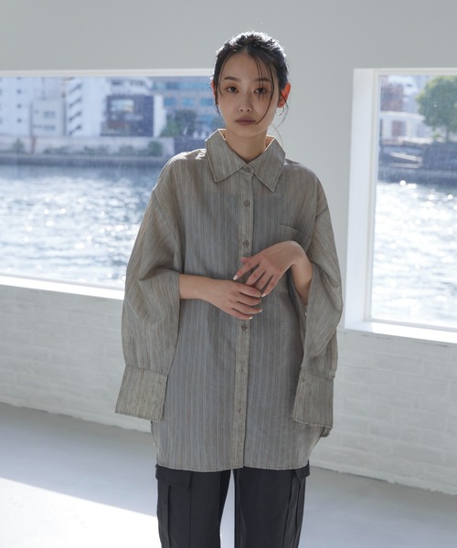 feepur（フェピュール）の「2wayシアーストライプシャツ（シャツ/ブラウス・レディース・グリーン/アイボリー/グレー・MEDIUM）」の10枚目の写真