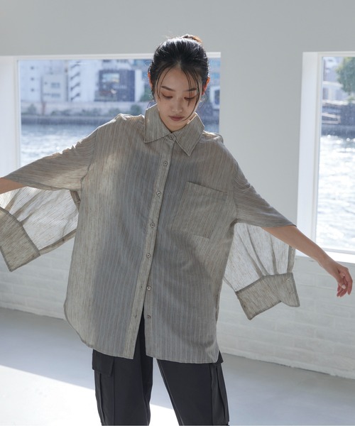 feepur（フェピュール）の「2wayシアーストライプシャツ（シャツ/ブラウス・レディース・グリーン/アイボリー/グレー・MEDIUM）」の5枚目の写真