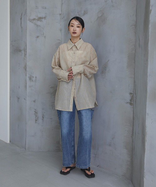 feepur（フェピュール）の「2wayシアーストライプシャツ（シャツ/ブラウス・レディース・グリーン/アイボリー/グレー・MEDIUM）」の7枚目の写真