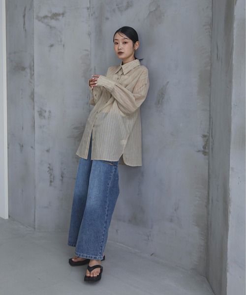feepur（フェピュール）の「2wayシアーストライプシャツ（シャツ/ブラウス・レディース・グリーン/アイボリー/グレー・MEDIUM）」の20枚目の写真