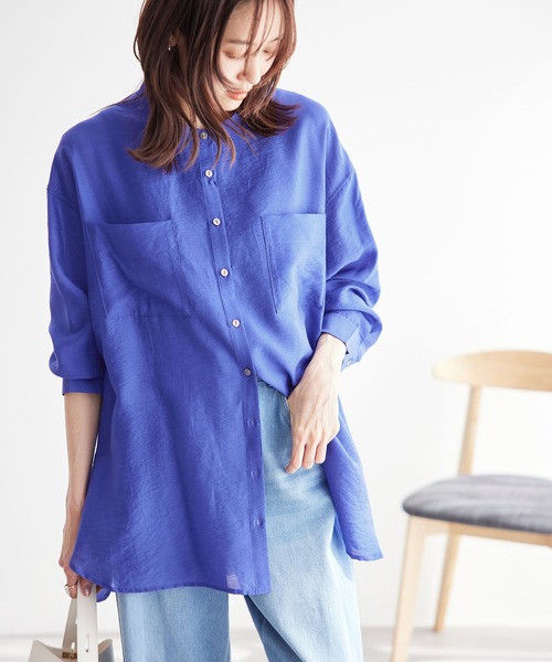 ROPE' PICNIC（ロペピクニック）の「バンドカラーポケットシアーシャツ（シャツ/ブラウス・レディース・チャコールグレー/ブルー/ベージュ/ホワイト・38）」の4枚目の写真