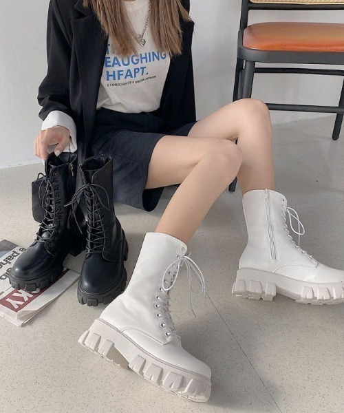 セール】レースアップ ミドル丈 厚底ブーツ（ブーツ）｜wears