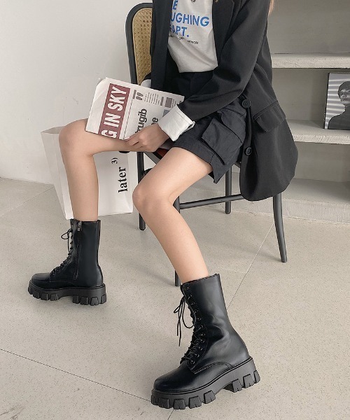 セール】レースアップ ミドル丈 厚底ブーツ（ブーツ）｜wears