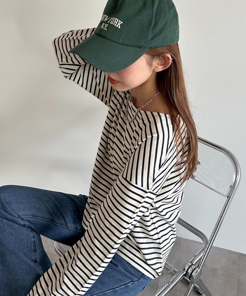 apres jour mignon(アプレジュールミニョン)の「ボーダーロンT【ZOZOTOWN限定アイテム】(Tシャツ/カットソー・レディース・ブルー/ネイビー/グリーン/ピンク/レッド・X-LARGE/フリー)」の1枚目の写真