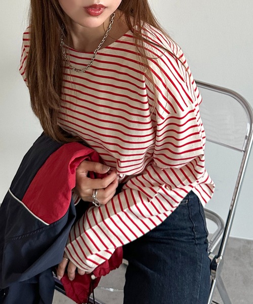 apres jour mignon(アプレジュールミニョン)の「ボーダーロンT【ZOZOTOWN限定アイテム】(Tシャツ/カットソー・レディース・ブルー/ネイビー/グリーン/ピンク/レッド・X-LARGE/フリー)」の5枚目の写真