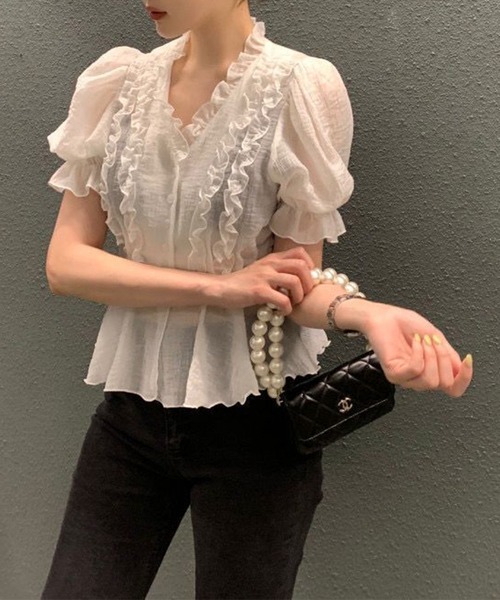 ペプラムフリルシアーブラウス/パフスリーブブラウス（シャツ/ブラウス）｜leune（ルネ）