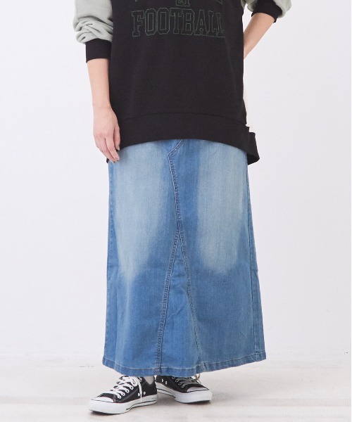 CUBE SUGAR（キューブシュガー）の「WEB限定ストレッチデニムウエストリブスカート（デニムスカート・レディース・ワンウォッシュ/インディゴブルー/ライトブルー・L/M）」の2枚目の写真