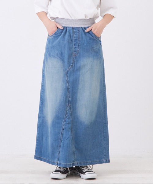 CUBE SUGAR（キューブシュガー）の「WEB限定ストレッチデニムウエストリブスカート（デニムスカート・レディース・ワンウォッシュ/インディゴブルー/ライトブルー・L/M）」の19枚目の写真