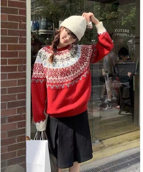 セール】ノルディック柄ふわもこ冬ニットプルオーバー（ニット