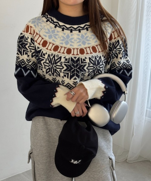 セール】ノルディック柄ふわもこ冬ニットプルオーバー（ニット