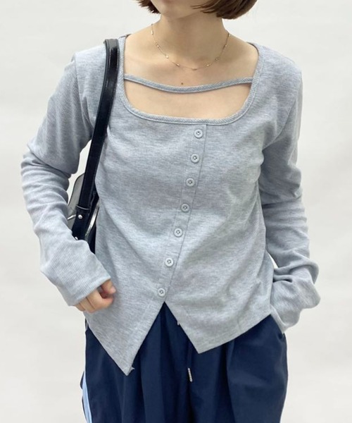 mebole(メボレ)の「スクエアネックスリムロングTシャツ(Tシャツ/カットソー・レディース・ブラック/グレー/ブルー・FREE)」の3枚目の写真