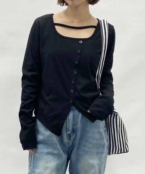mebole(メボレ)の「スクエアネックスリムロングTシャツ(Tシャツ/カットソー・レディース・ブラック/グレー/ブルー・FREE)」の2枚目の写真