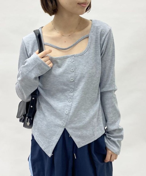 mebole(メボレ)の「スクエアネックスリムロングTシャツ(Tシャツ/カットソー・レディース・ブラック/グレー/ブルー・FREE)」の4枚目の写真