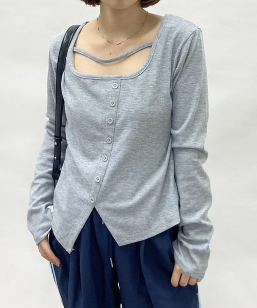 mebole(メボレ)の「スクエアネックスリムロングTシャツ(Tシャツ/カットソー・レディース・ブラック/グレー/ブルー・FREE)」の7枚目の写真