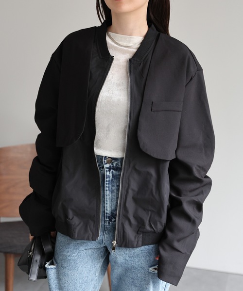 CREARE -LINO-（クレアーレリノ）の「＜ユニセックス＞ツイルレイヤード MA-1風ブルゾン/ジャケット（MA-1・レディース・ブラック/カーキ・FREE）」の6枚目の写真