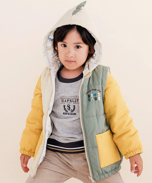 【セール】ツンツントサカ付きフード無地切り替え恐竜総柄リバーシブル8WAYコート(80~130cm)（ダウンジャケット/コート）｜SLAP SLIP（スラップスリップ） 5,544円