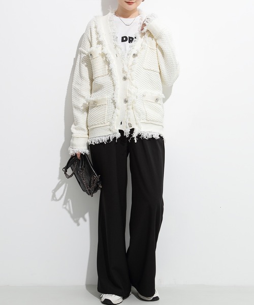 ⭐︎Drawer ツイード　ジャガード　フリンジ　カーディガン　FREE ホワイト ⭐︎Drawer ツイード ジャガード フリンジ カーディガン FREE ホワイト