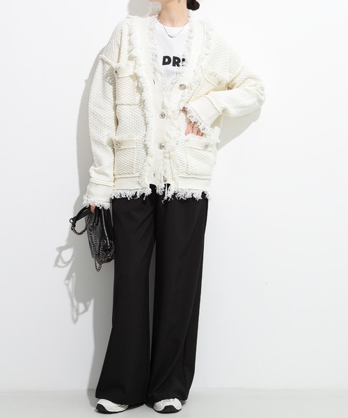 セール】フリンジディテールが印象的。鹿の子柄ニットツイード