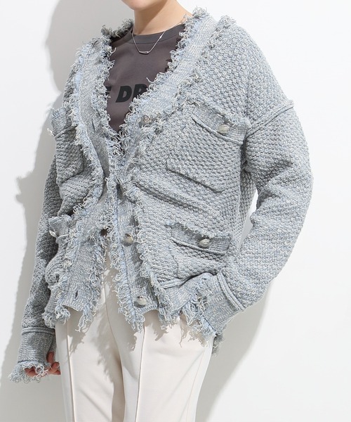 フリンジディテールが印象的。鹿の子柄ニットツイードジャケット