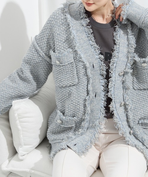 セール】フリンジディテールが印象的。鹿の子柄ニットツイード