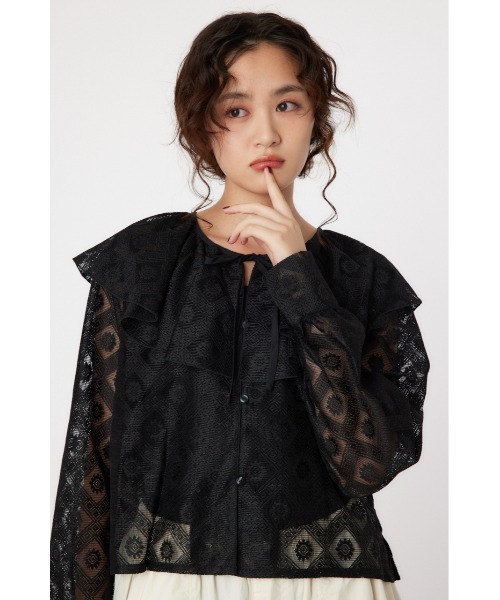 RODEO CROWNS WIDE BOWL(ロデオクラウンズワイドボウル)の「ラッフルレースボレロ(シャツ/ブラウス・レディース・オフホワイト/ブラック・FREE)」の3枚目の写真