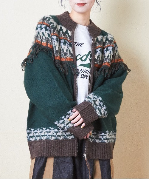 CUBE SUGAR（キューブシュガー）の「求心柄ジャガードフリンジ付ジップカーディガン（カーディガン/ボレロ・レディース・ナチュラル/グリーン/ブラック・M）」の3枚目の写真