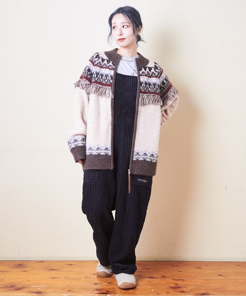 CUBE SUGAR（キューブシュガー）の「求心柄ジャガードフリンジ付ジップカーディガン（カーディガン/ボレロ・レディース・ナチュラル/グリーン/ブラック・M）」の5枚目の写真