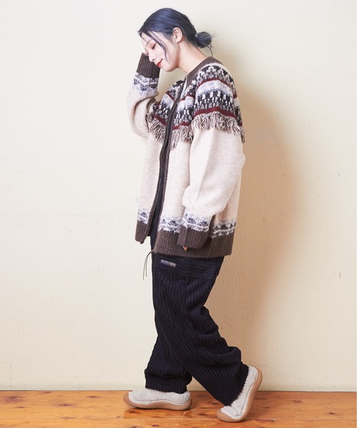 CUBE SUGAR（キューブシュガー）の「求心柄ジャガードフリンジ付ジップカーディガン（カーディガン/ボレロ・レディース・ナチュラル/グリーン/ブラック・M）」の6枚目の写真