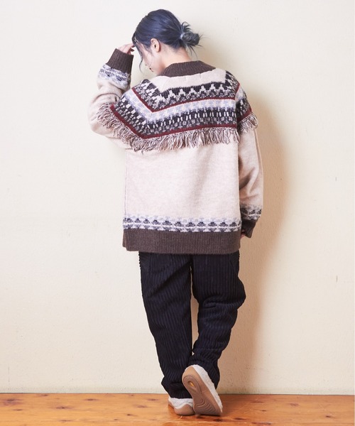 CUBE SUGAR（キューブシュガー）の「求心柄ジャガードフリンジ付ジップカーディガン（カーディガン/ボレロ・レディース・ナチュラル/グリーン/ブラック・M）」の7枚目の写真