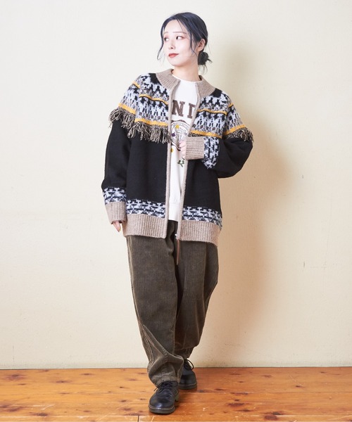 CUBE SUGAR（キューブシュガー）の「求心柄ジャガードフリンジ付ジップカーディガン（カーディガン/ボレロ・レディース・ナチュラル/グリーン/ブラック・M）」の9枚目の写真