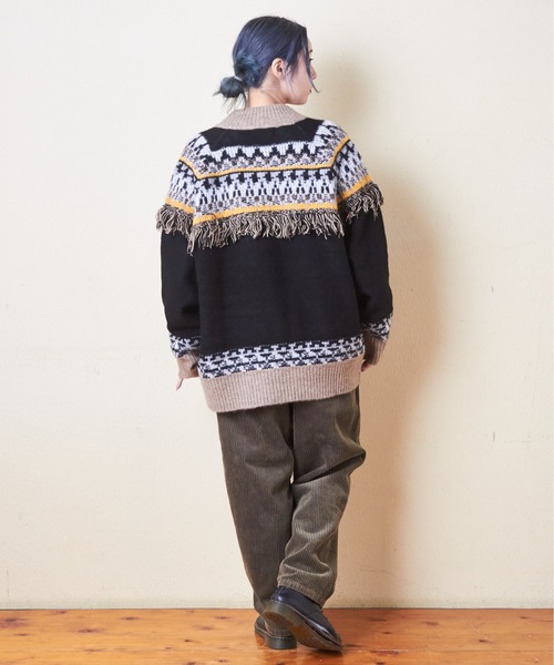 CUBE SUGAR（キューブシュガー）の「求心柄ジャガードフリンジ付ジップカーディガン（カーディガン/ボレロ・レディース・ナチュラル/グリーン/ブラック・M）」の11枚目の写真