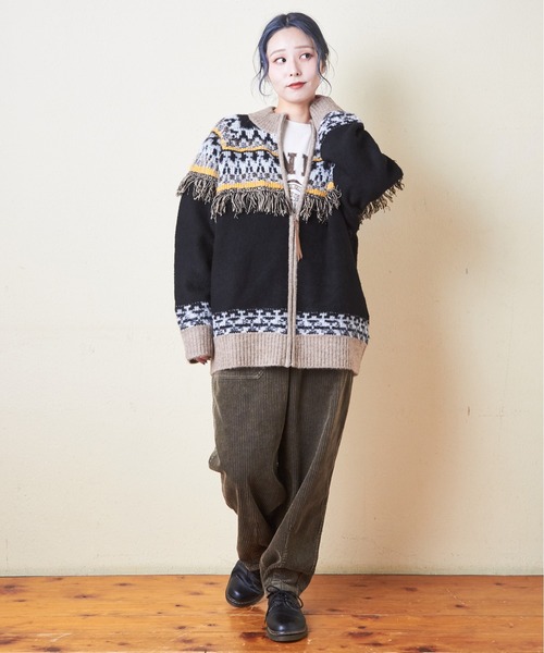 CUBE SUGAR（キューブシュガー）の「求心柄ジャガードフリンジ付ジップカーディガン（カーディガン/ボレロ・レディース・ナチュラル/グリーン/ブラック・M）」の8枚目の写真