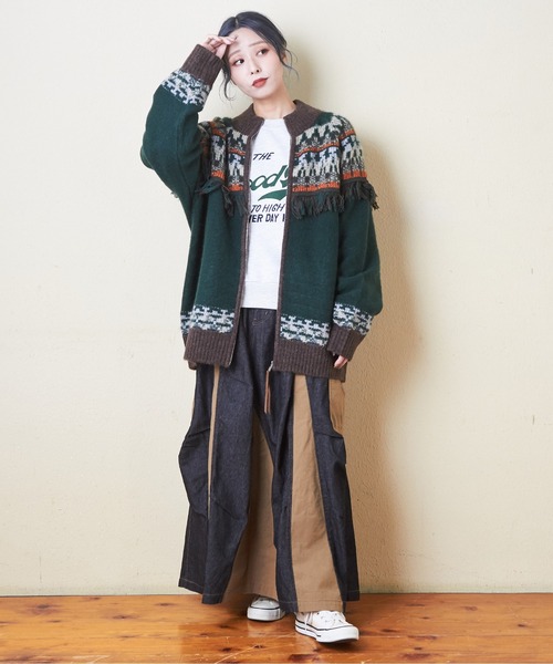 CUBE SUGAR（キューブシュガー）の「求心柄ジャガードフリンジ付ジップカーディガン（カーディガン/ボレロ・レディース・ナチュラル/グリーン/ブラック・M）」の12枚目の写真