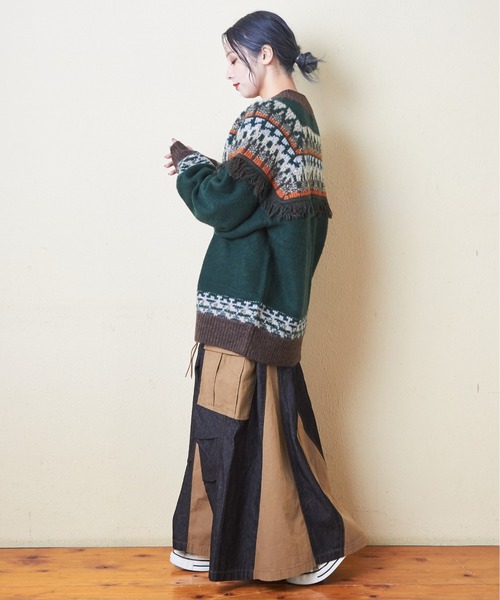 CUBE SUGAR（キューブシュガー）の「求心柄ジャガードフリンジ付ジップカーディガン（カーディガン/ボレロ・レディース・ナチュラル/グリーン/ブラック・M）」の13枚目の写真