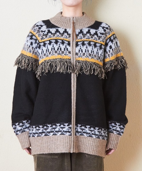 CUBE SUGAR（キューブシュガー）の「求心柄ジャガードフリンジ付ジップカーディガン（カーディガン/ボレロ・レディース・ナチュラル/グリーン/ブラック・M）」の15枚目の写真