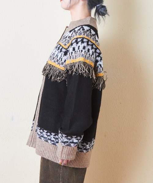 CUBE SUGAR（キューブシュガー）の「求心柄ジャガードフリンジ付ジップカーディガン（カーディガン/ボレロ・レディース・ナチュラル/グリーン/ブラック・M）」の17枚目の写真