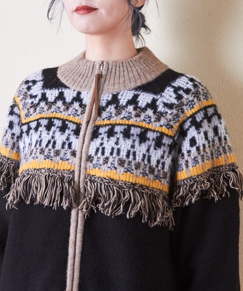 CUBE SUGAR（キューブシュガー）の「求心柄ジャガードフリンジ付ジップカーディガン（カーディガン/ボレロ・レディース・ナチュラル/グリーン/ブラック・M）」の20枚目の写真