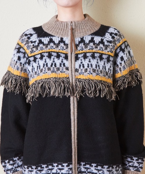 CUBE SUGAR（キューブシュガー）の「求心柄ジャガードフリンジ付ジップカーディガン（カーディガン/ボレロ・レディース・ナチュラル/グリーン/ブラック・M）」の19枚目の写真