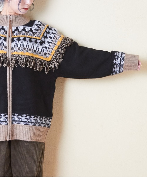 CUBE SUGAR（キューブシュガー）の「求心柄ジャガードフリンジ付ジップカーディガン（カーディガン/ボレロ・レディース・ナチュラル/グリーン/ブラック・M）」の16枚目の写真