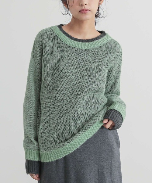 n'OrLABEL（ノアールレーベル）の「『配色レイヤードモヘヤタッチニット』（ニット/セーター・レディース・グリーン/レッド/イエロー/グレー・1/2）」の2枚目の写真