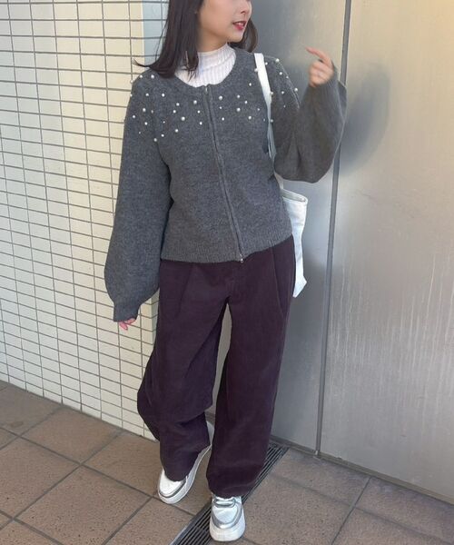 RETRO GIRL（レトロガール）の「ビジューZIPカーデ（カーディガン/ボレロ・レディース・ナチュラル/ライトグレー/ブラック・FREE）」の8枚目の写真